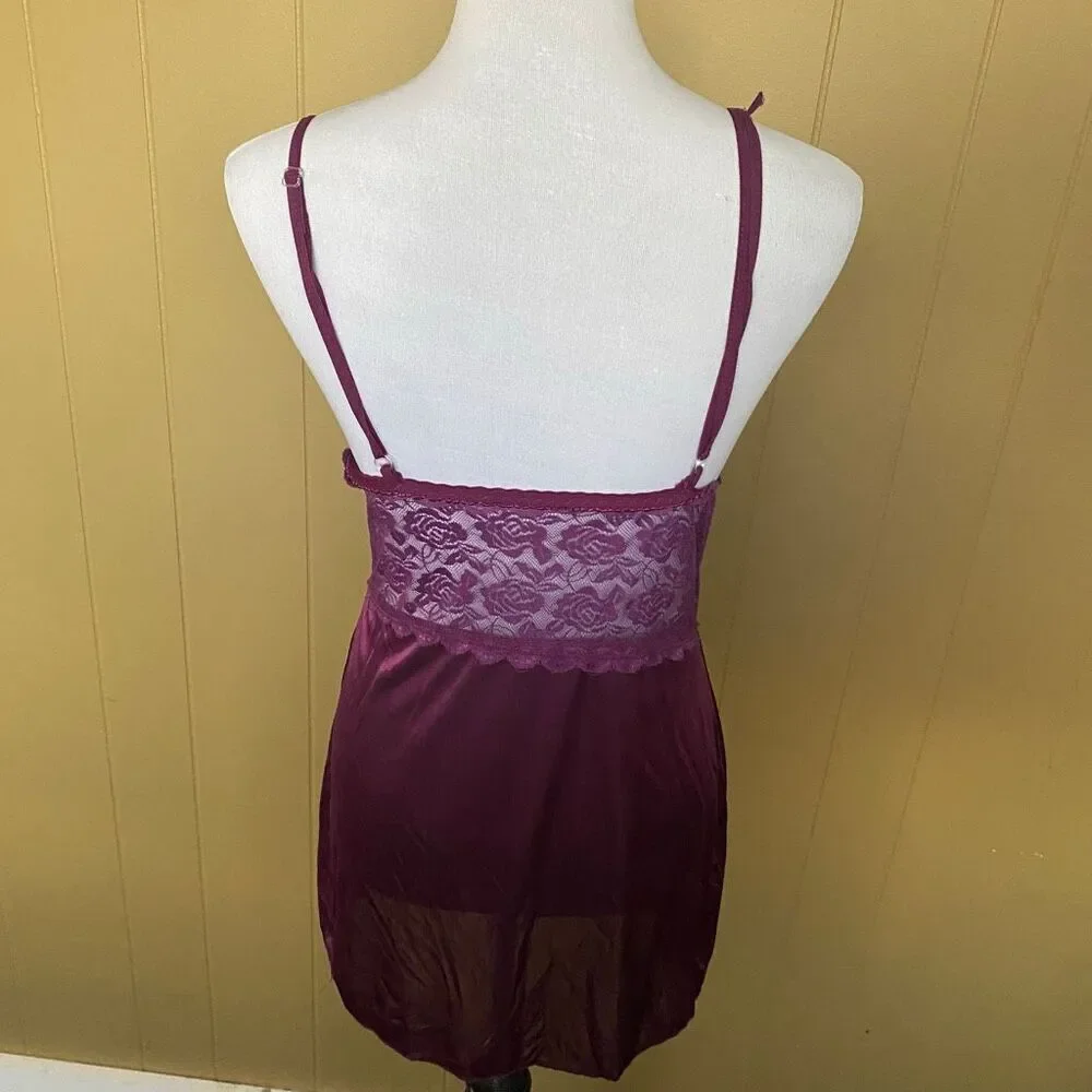 Women S adjustable spaghetti strap satin & lace lingerie nightgown purple